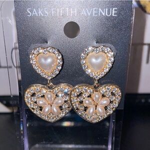 Saks Fifth Avenue Gold and Silver Heart Earrings with Crystal Embellishments